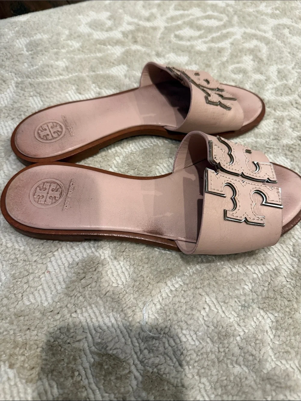 Tory Burch Dusty Pink Leather Logo Slide Mules